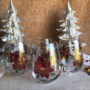 4 Handpainted Poinsettia Rhinestone Gold Rim Stemless Wine Glass 4